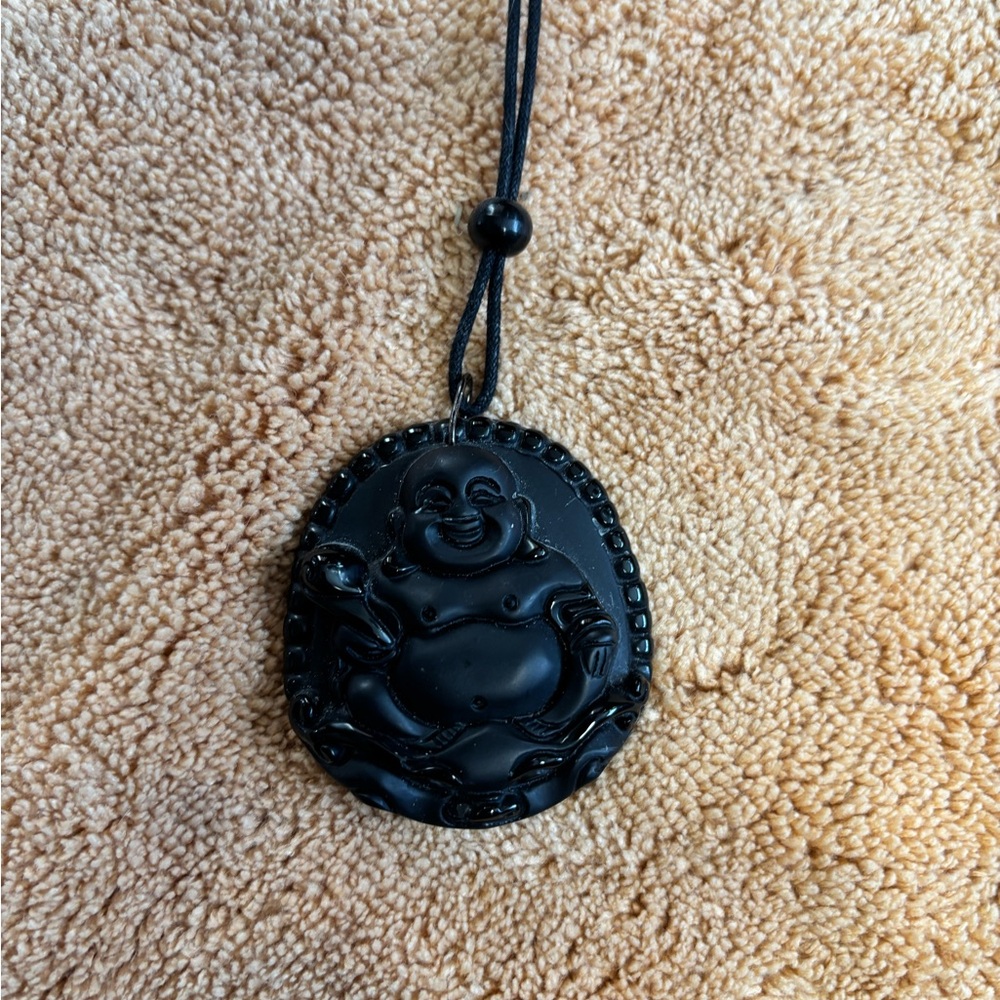Obsidian laughing Buddha necklace